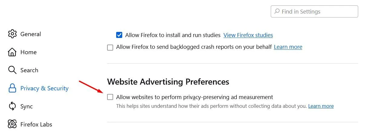 Khu vực Tùy chọn quảng cáo website trong cài đặt Quyền riêng tư &amp; Bảo mật của Firefox