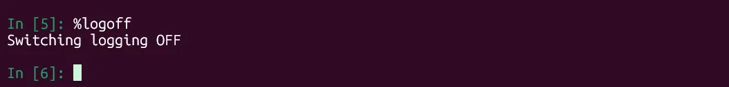 Lệnh magic %logoff của IPython được thực thi trong cửa sổ terminal, tắt chức năng ghi log phiên
