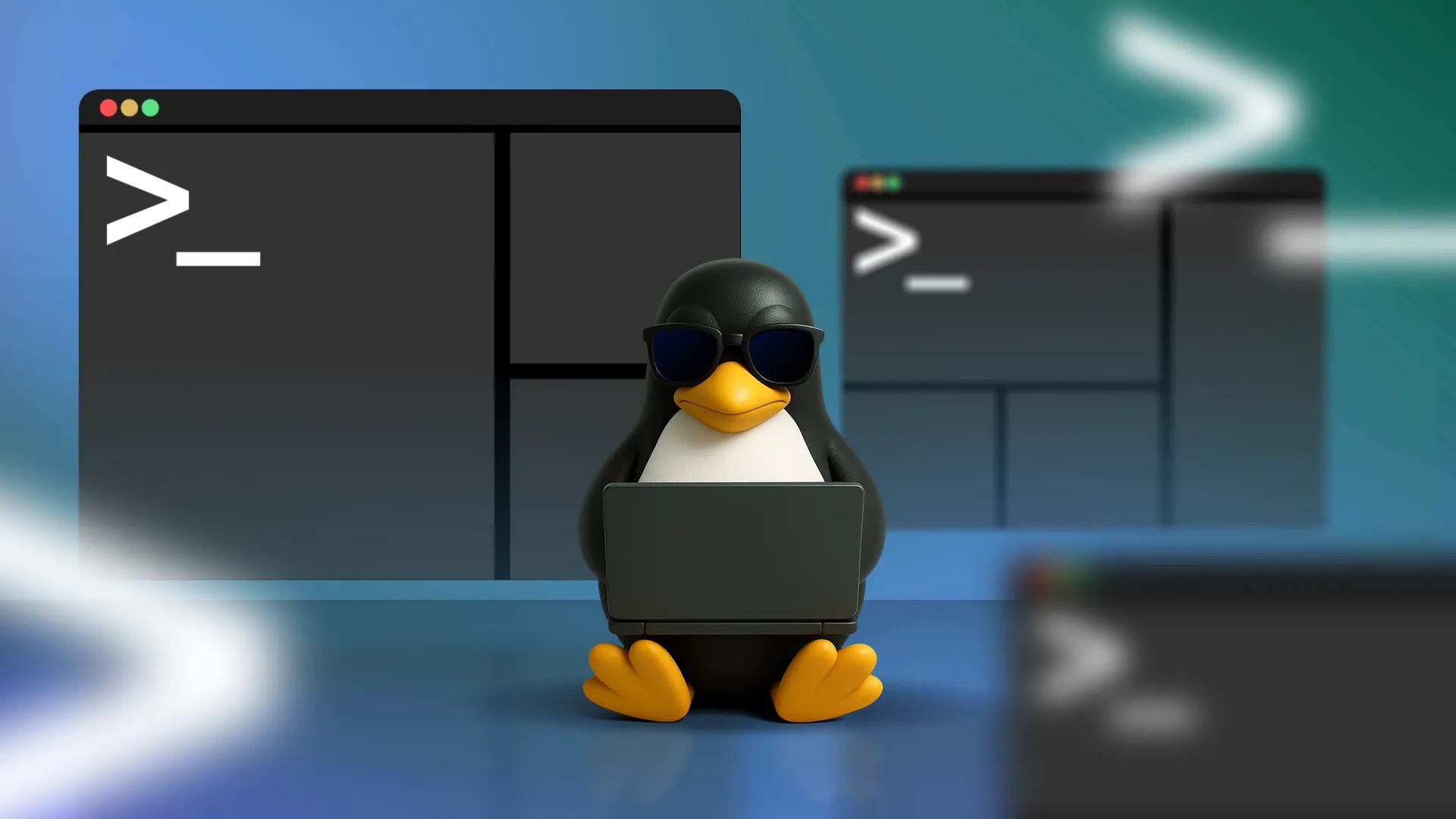 Linh vật Linux Tux đang sử dụng máy tính xách tay với nhiều cửa sổ terminal mở xung quanh