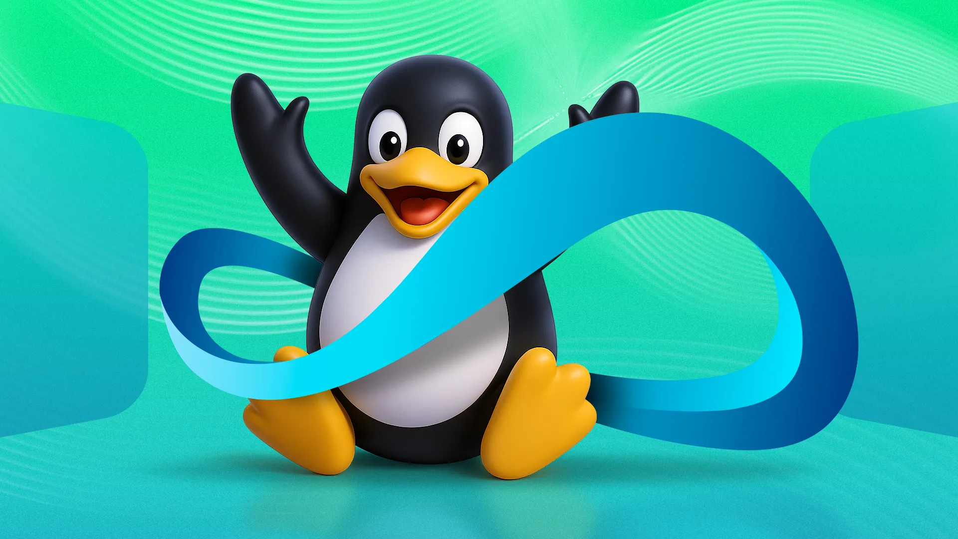 Linh vật Linux Tux và biểu tượng vô cực tượng trưng cho vòng đời cập nhật liên tục