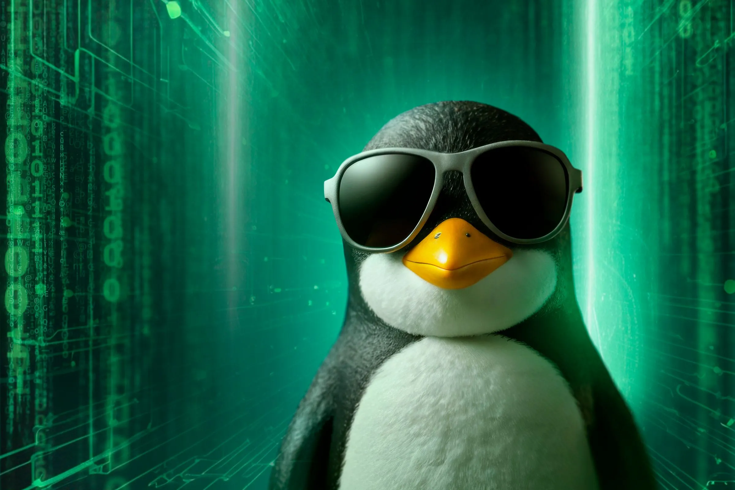 Linh vật Tux của Linux đeo kính râm trên nền phong cách Matrix.