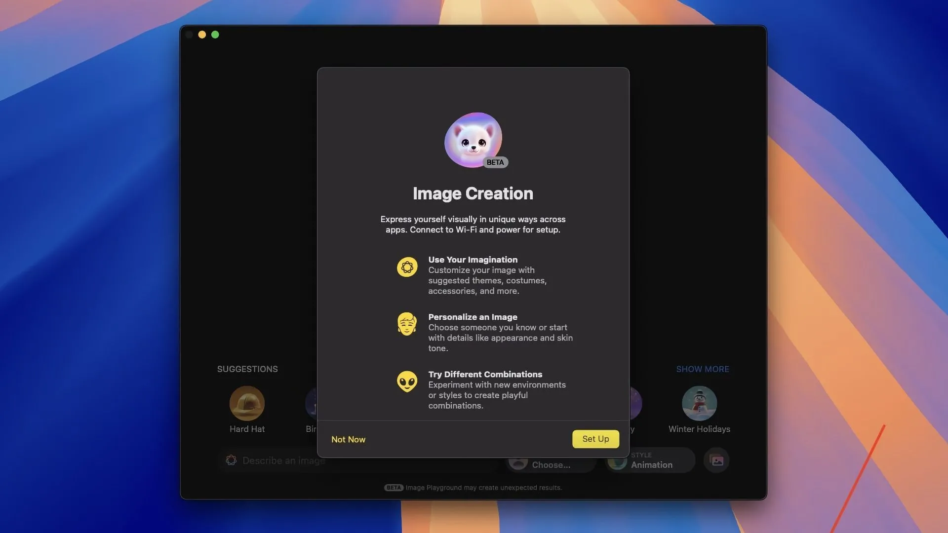 Màn hình chào mừng của ứng dụng Image Playground trên macOS Sequoia 15.4