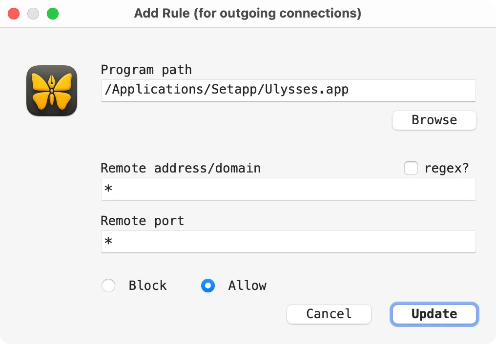 Màn hình chi tiết quy tắc của LuLu, cho phép chỉnh sửa trạng thái chặn/cho phép và địa chỉ mạng