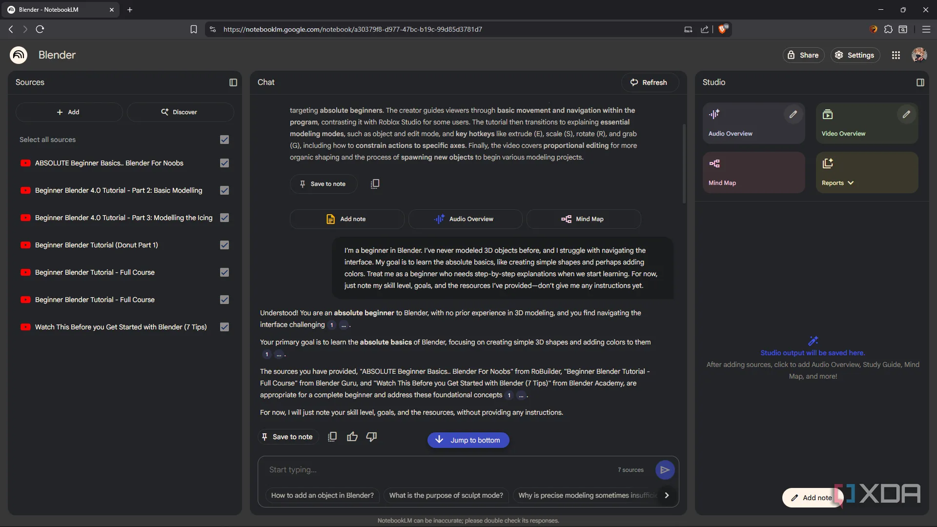 Màn hình hiển thị NotebookLM đang phân tích tài liệu hướng dẫn Blender, đóng vai trò như một gia sư AI giúp người mới bắt đầu học thiết kế 3D dễ dàng hơn.