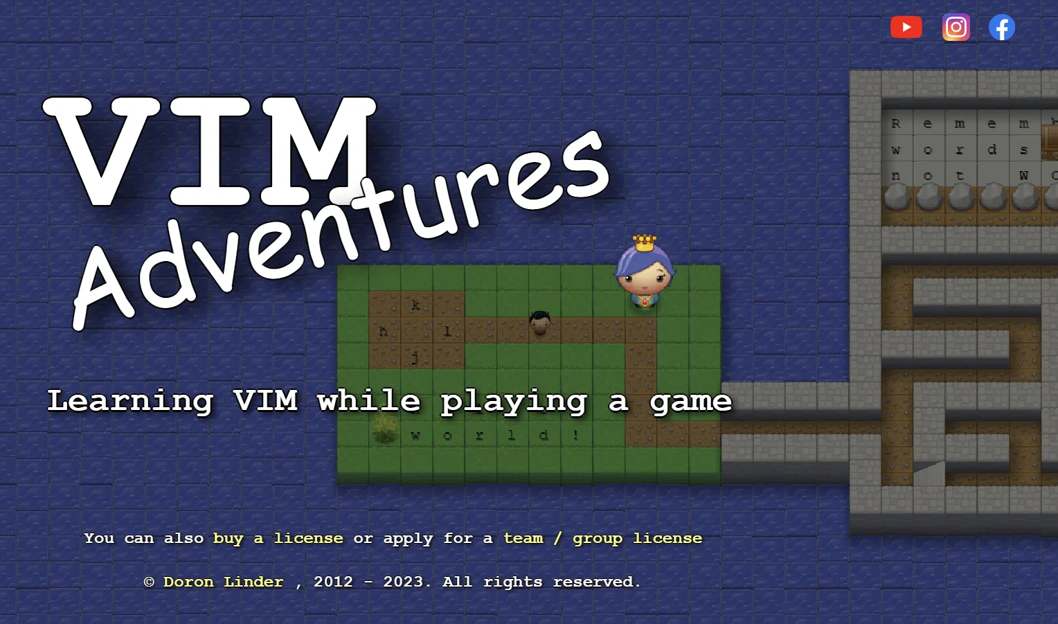 Màn hình khởi động game Vim Adventures với nhân vật chính và các phím điều khiển Vim (h,j,k,l) giúp người chơi học Vim hiệu quả.