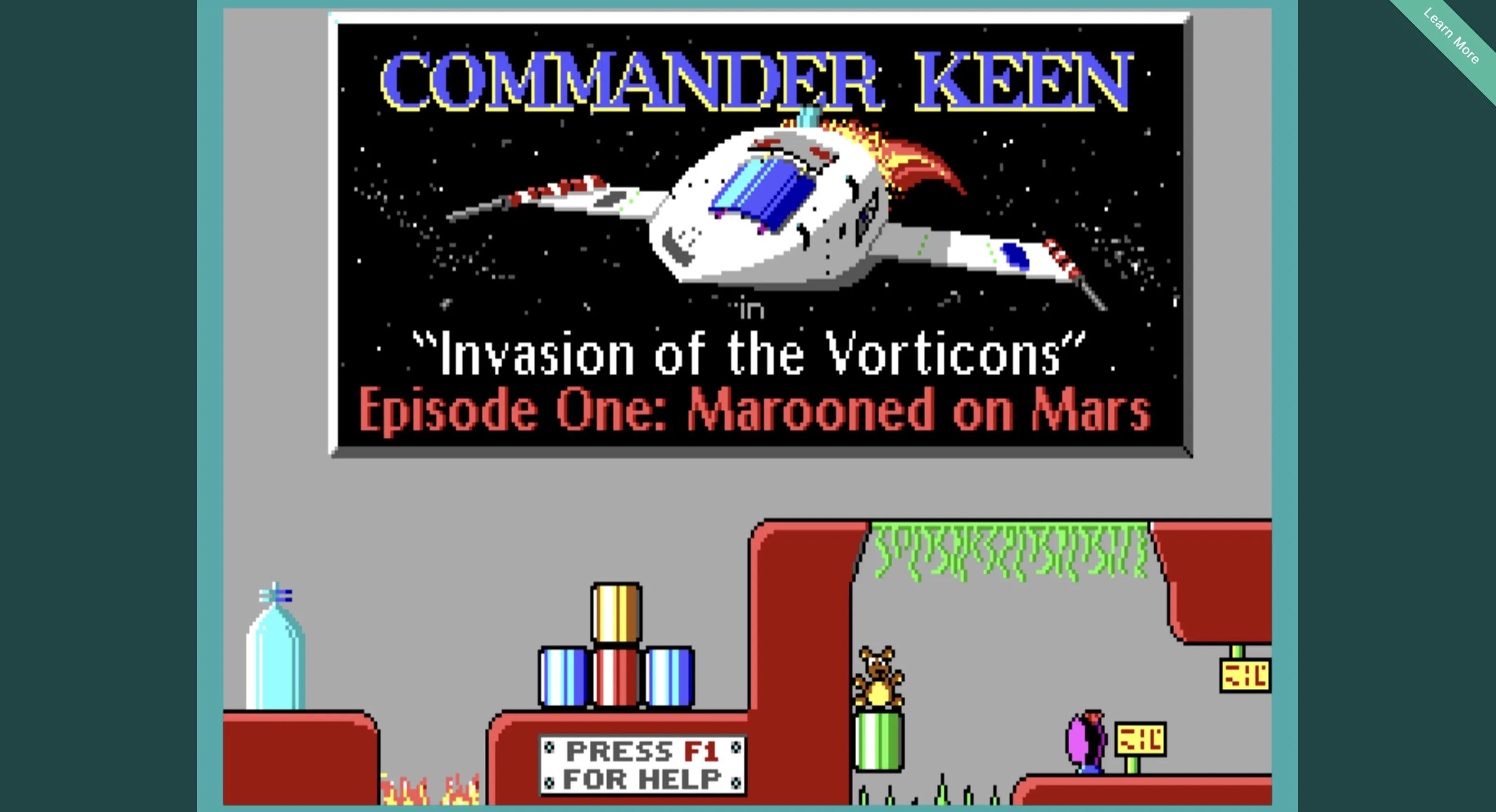 Màn hình menu của tập 1 Commander Keen đang chạy trong Chocolate Keen trên trình duyệt.