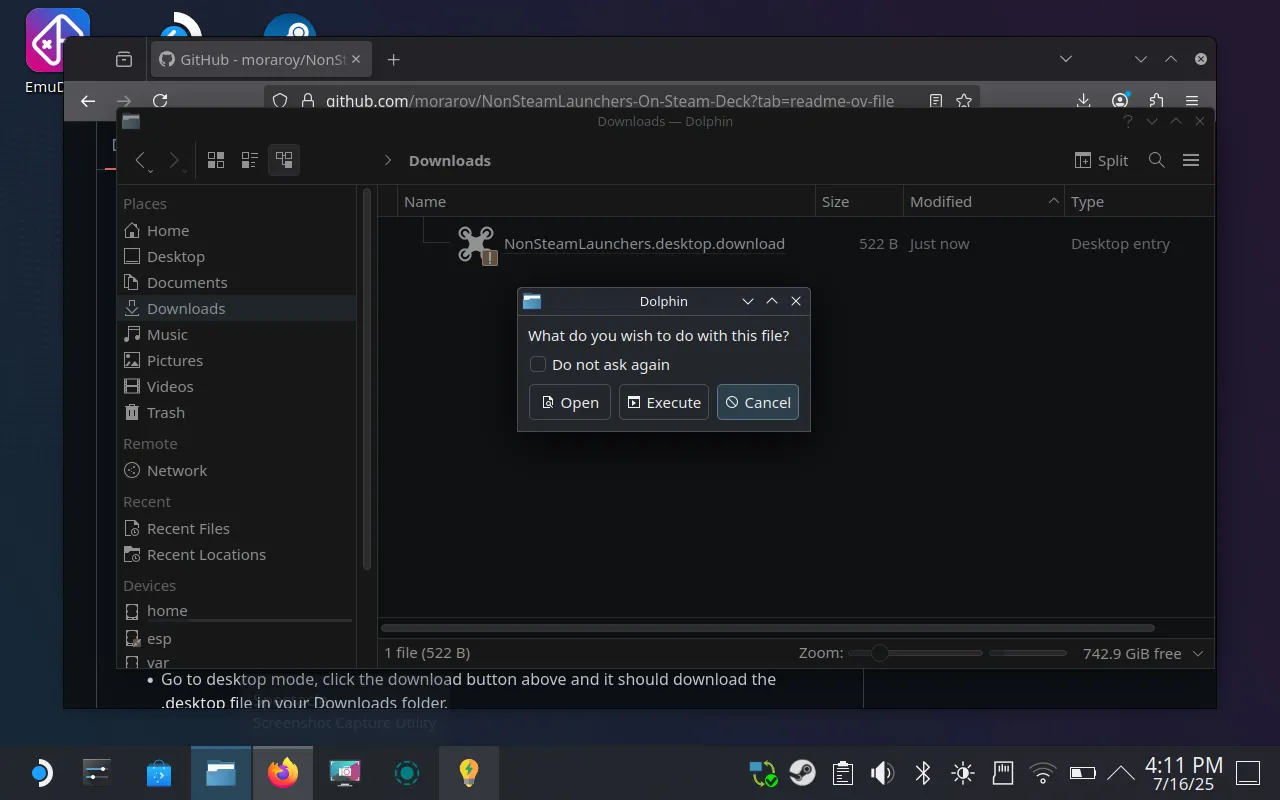 Màn hình nhắc thực thi script NonSteamLaunchers trên Steam Deck