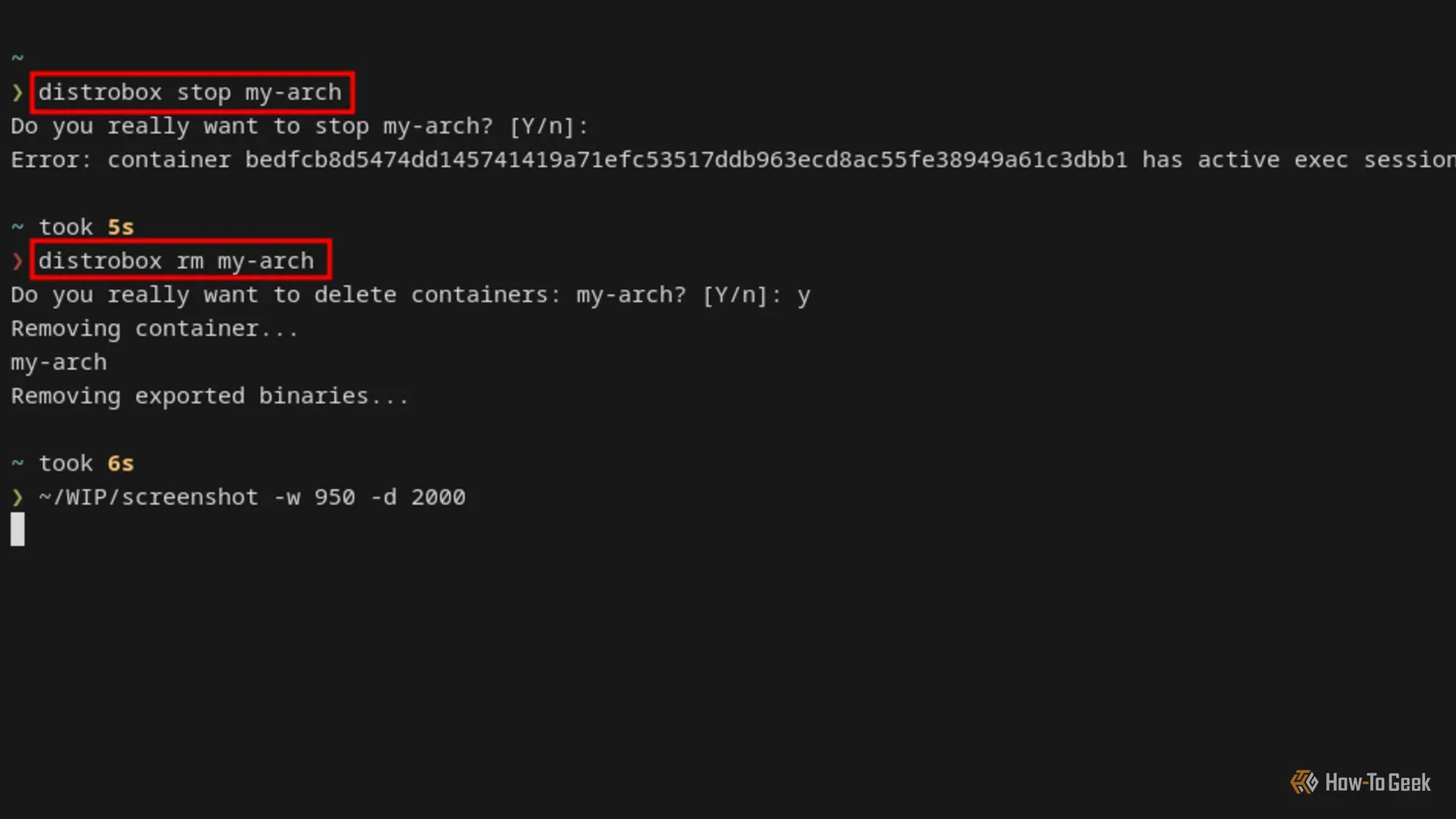 Màn hình terminal Linux hiển thị các lệnh để dừng và xóa một container Distrobox cùng với các thông báo kết quả.