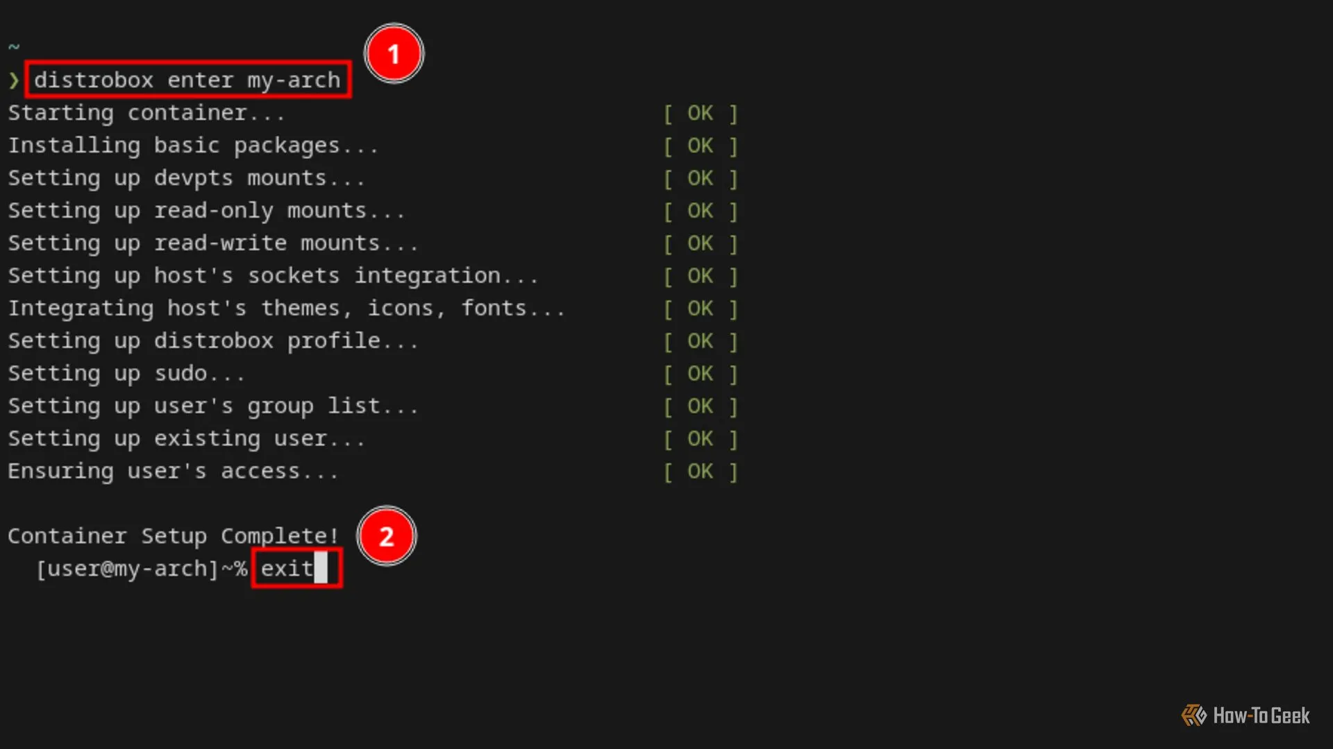 Màn hình terminal Linux hiển thị lệnh để vào container Distrobox Arch Linux.