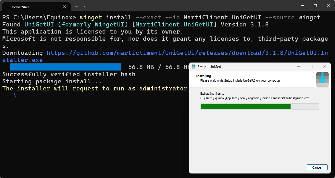 Màn hình Windows Terminal (PowerShell) hiển thị quá trình cài đặt UniGetUI thông qua lệnh Winget