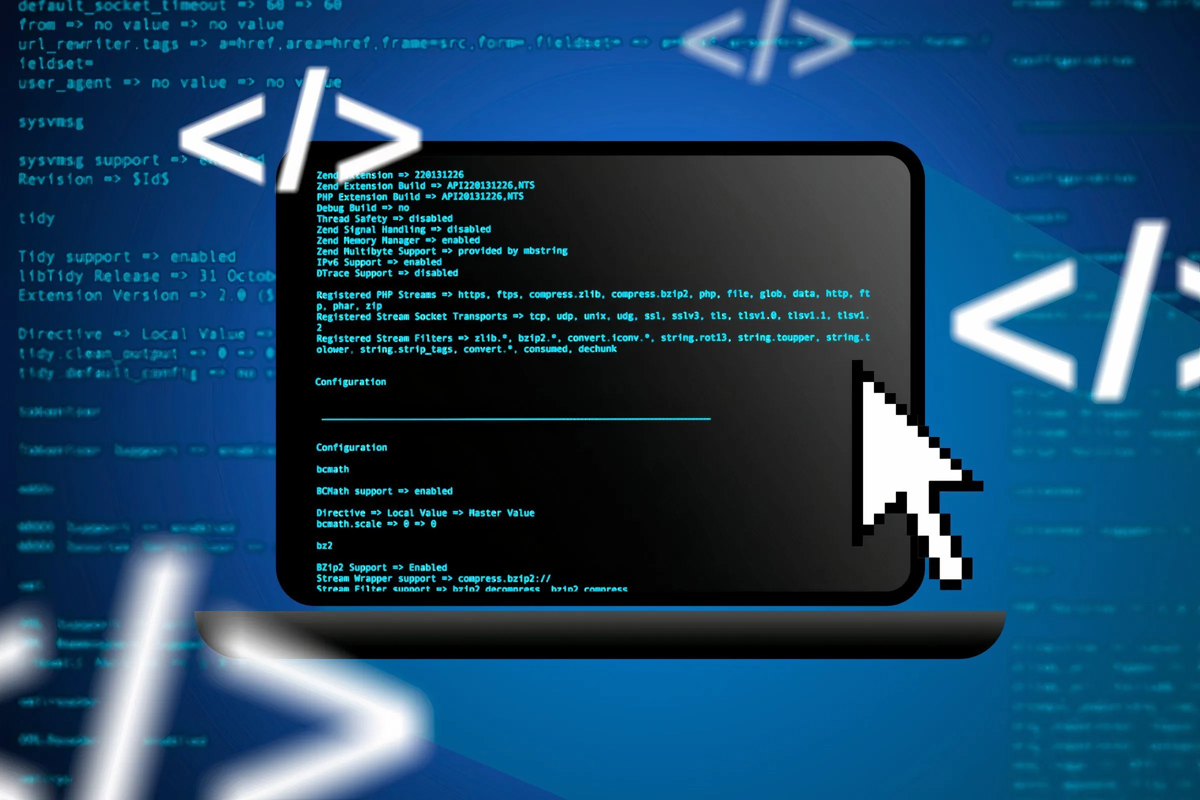 Máy tính xách tay hiển thị đoạn mã trên màn hình và con trỏ chuột