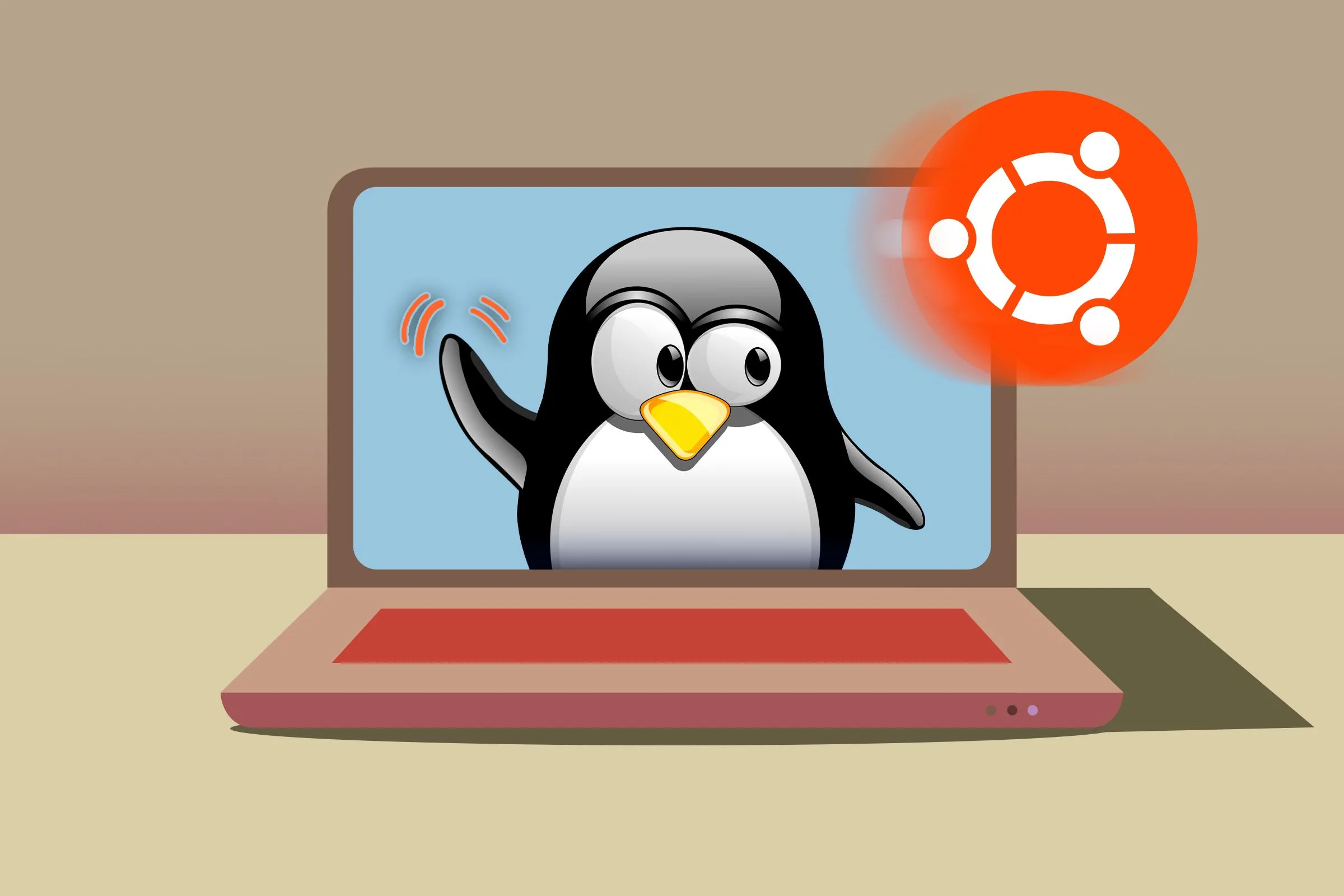 Máy tính xách tay với linh vật Tux vẫy chào logo Ubuntu