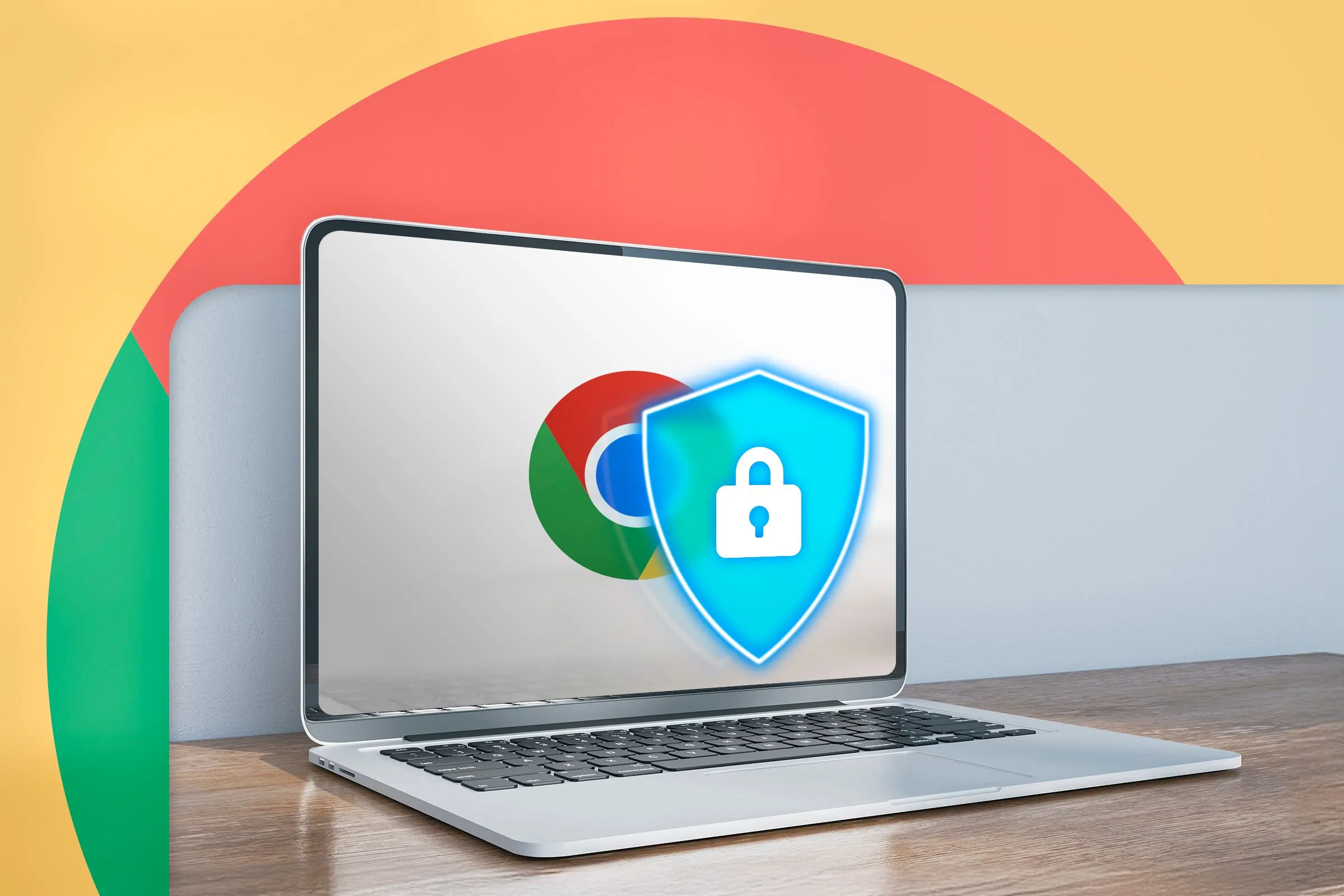 Máy tính xách tay với logo Chrome trên màn hình và một biểu tượng lá chắn bảo mật phía trước.