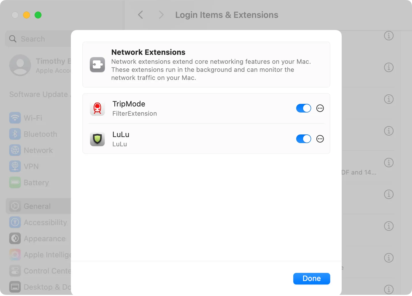 Menu Cài đặt Tiện ích mở rộng mạng trên macOS, hiển thị tùy chọn LuLu để kích hoạt