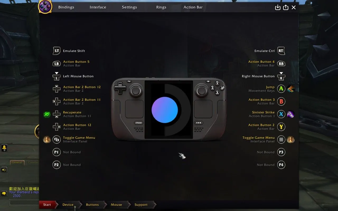 Menu cấu hình ConsolePort trong World of Warcraft, tùy chỉnh tay cầm Steam Deck