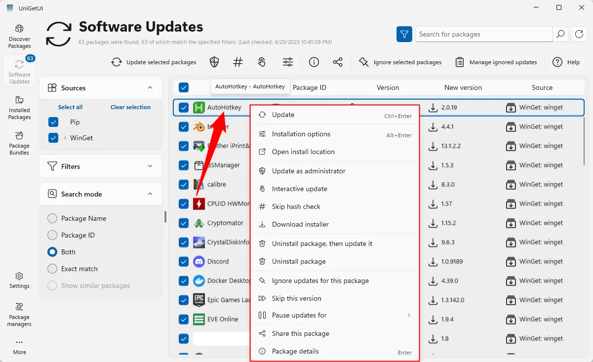 Menu chuột phải trong UniGetUI đang hiển thị các tùy chọn như bỏ qua cập nhật, gỡ cài đặt cho một ứng dụng được chọn