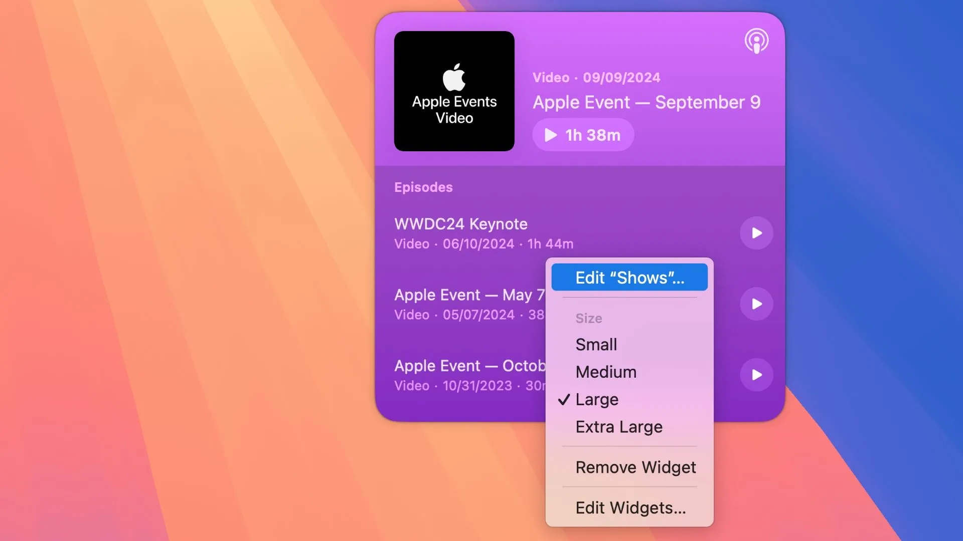 Menu ngữ cảnh của widget Apple Podcasts trên desktop macOS Sequoia 15.4 với tùy chọn Chỉnh sửa Widget
