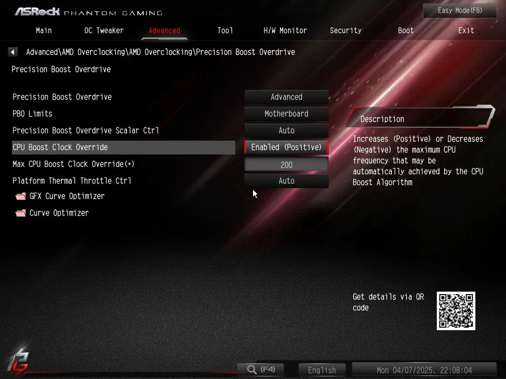 Menu Precision Boost Overdrive trong BIOS của bo mạch chủ ASRock, cho phép người dùng tùy chỉnh thủ công các thông số để tối ưu hiệu năng CPU.