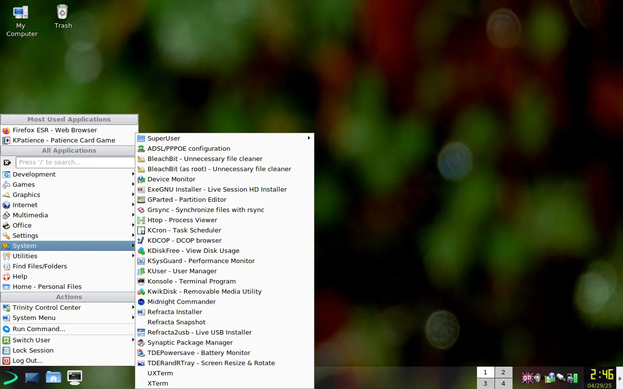 Menu tiện ích hệ thống của EXE GNU/Linux trong môi trường Trinity, hiển thị các công cụ bảo trì và ứng dụng nhẹ.