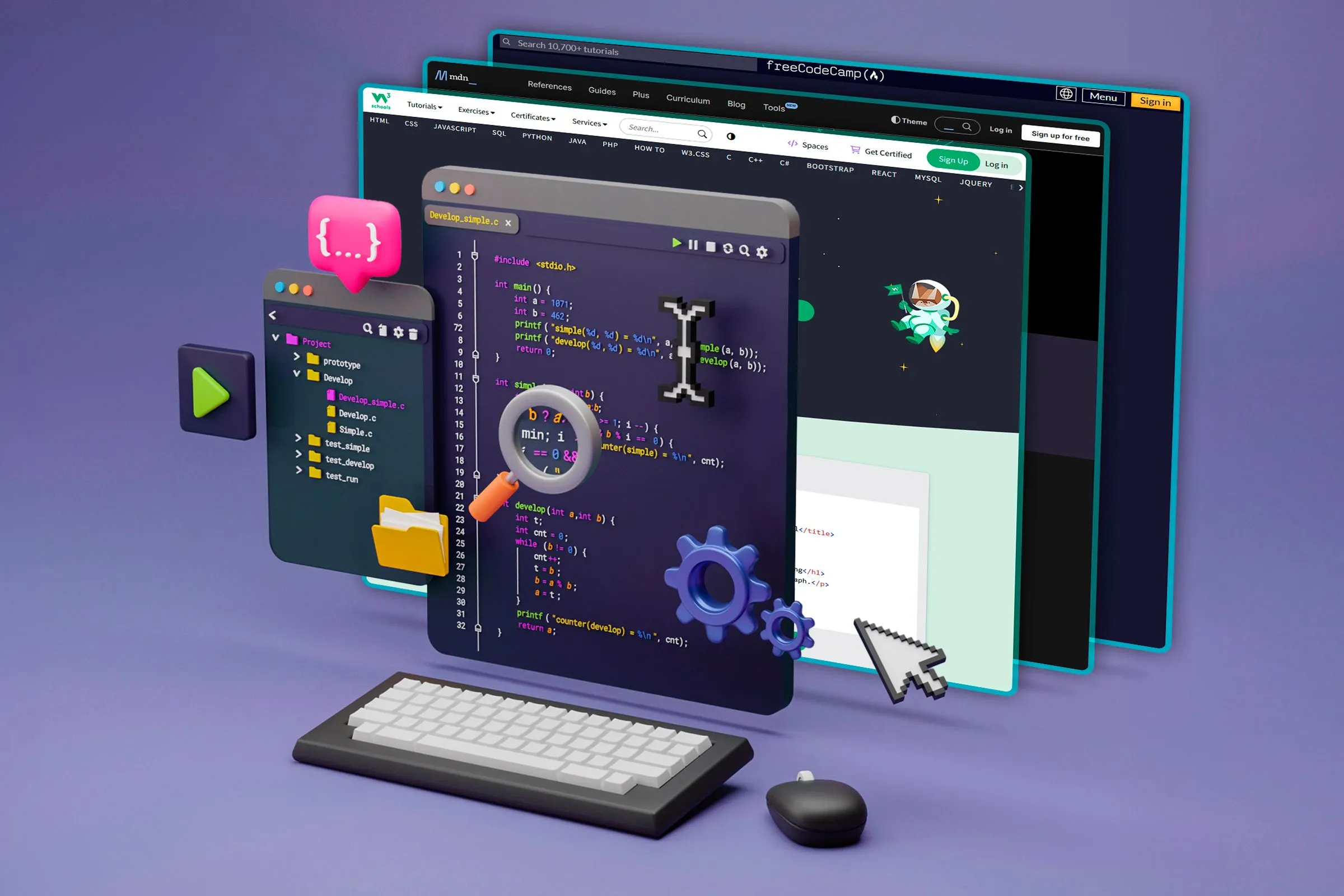 Minh họa môi trường phát triển tích hợp (IDE) với nhiều dòng mã và các trang web ở nền sau
