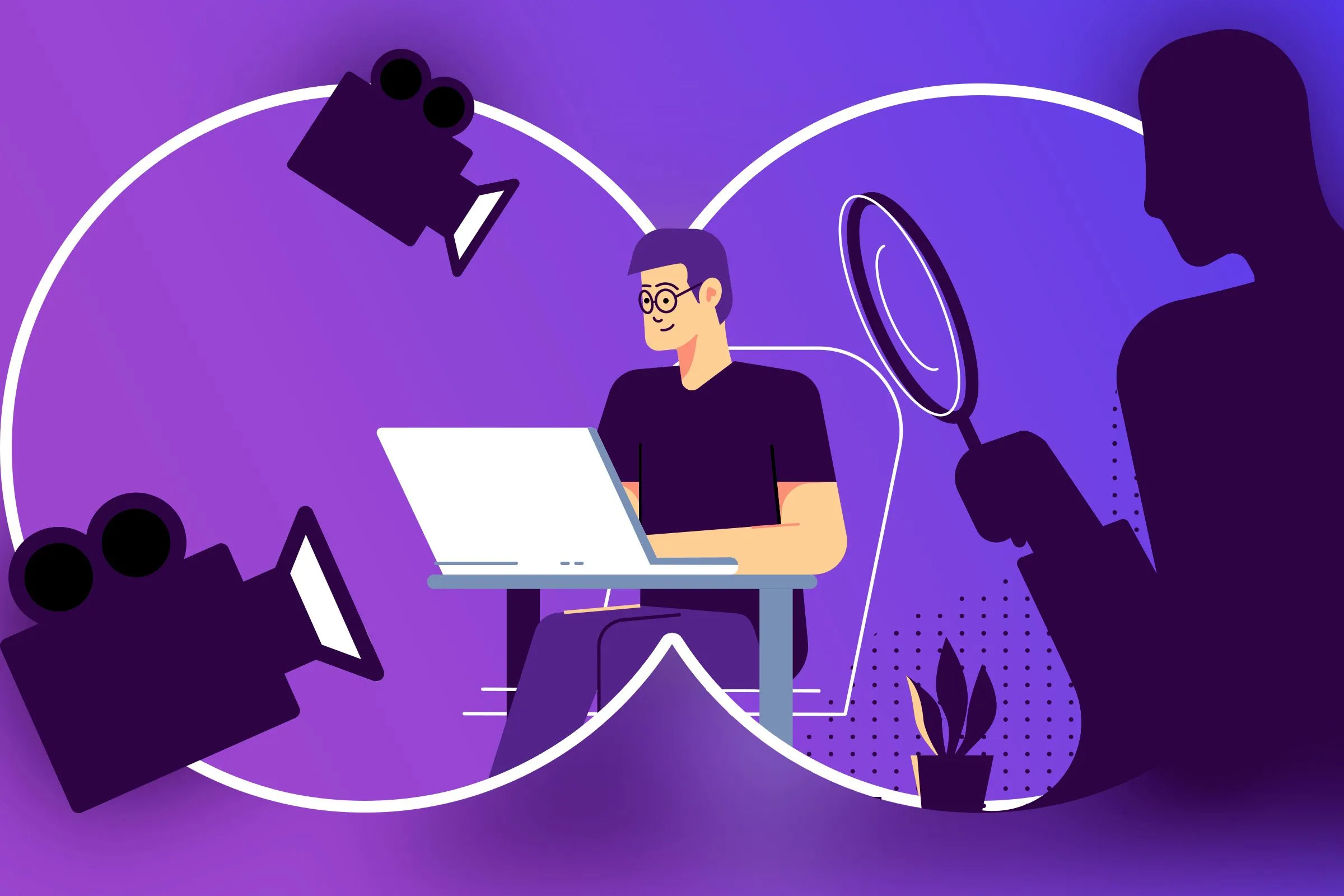 Minh họa một người dùng laptop với người khác đang quan sát và camera xung quanh.