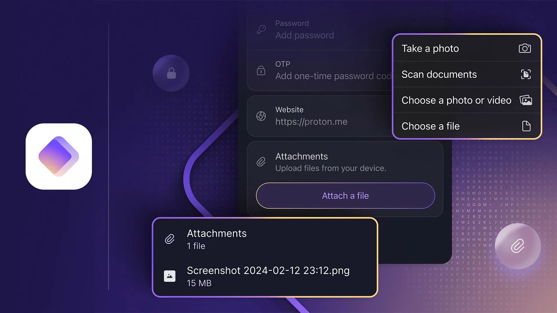 Minh họa tính năng đính kèm tài liệu và hình ảnh vào các mục đã lưu trữ trong Proton Pass, tăng cường khả năng quản lý dữ liệu.