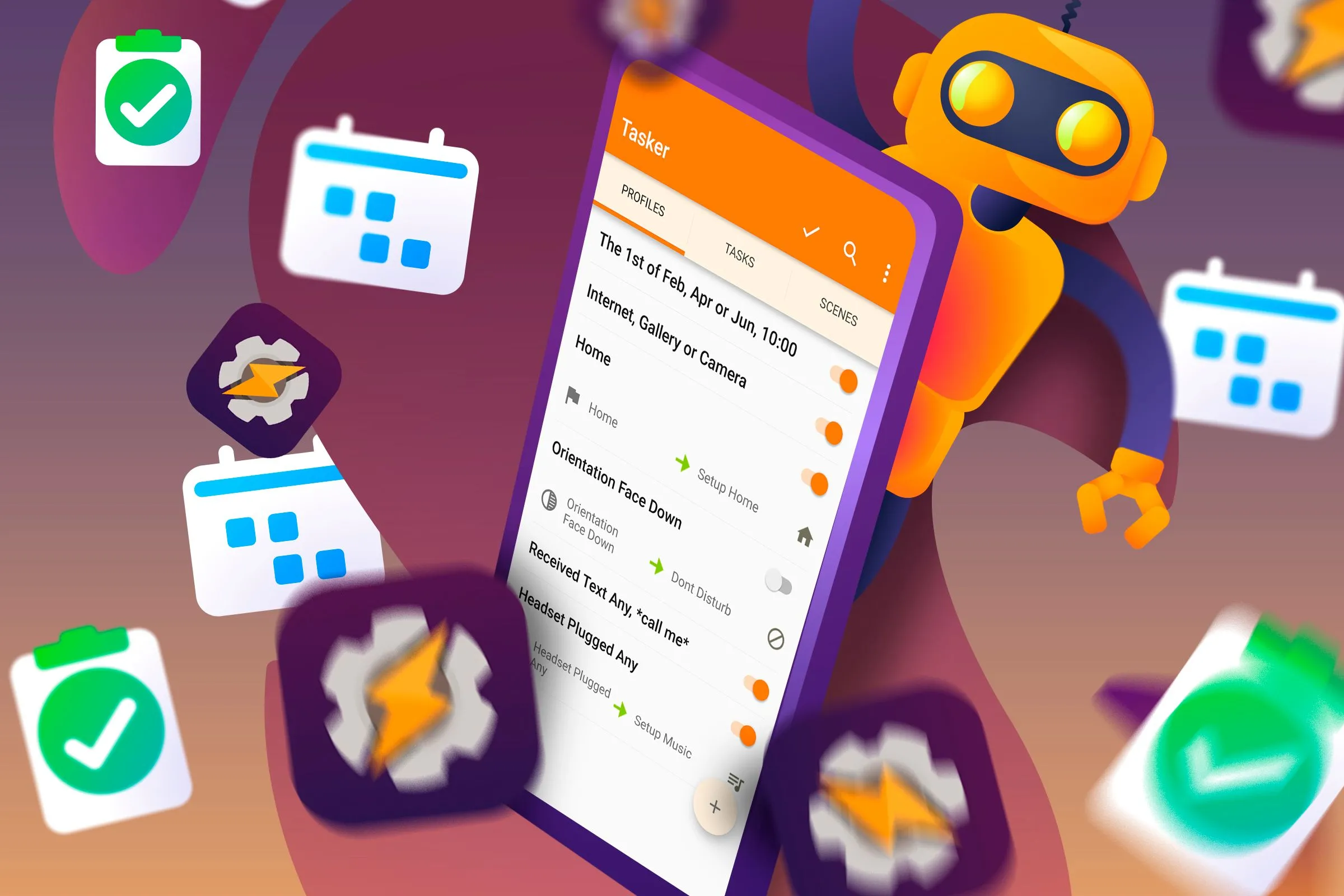 Minh họa tính năng tự động hóa trên điện thoại Android với nhiều tác vụ được sắp xếp xung quanh biểu tượng Tasker.