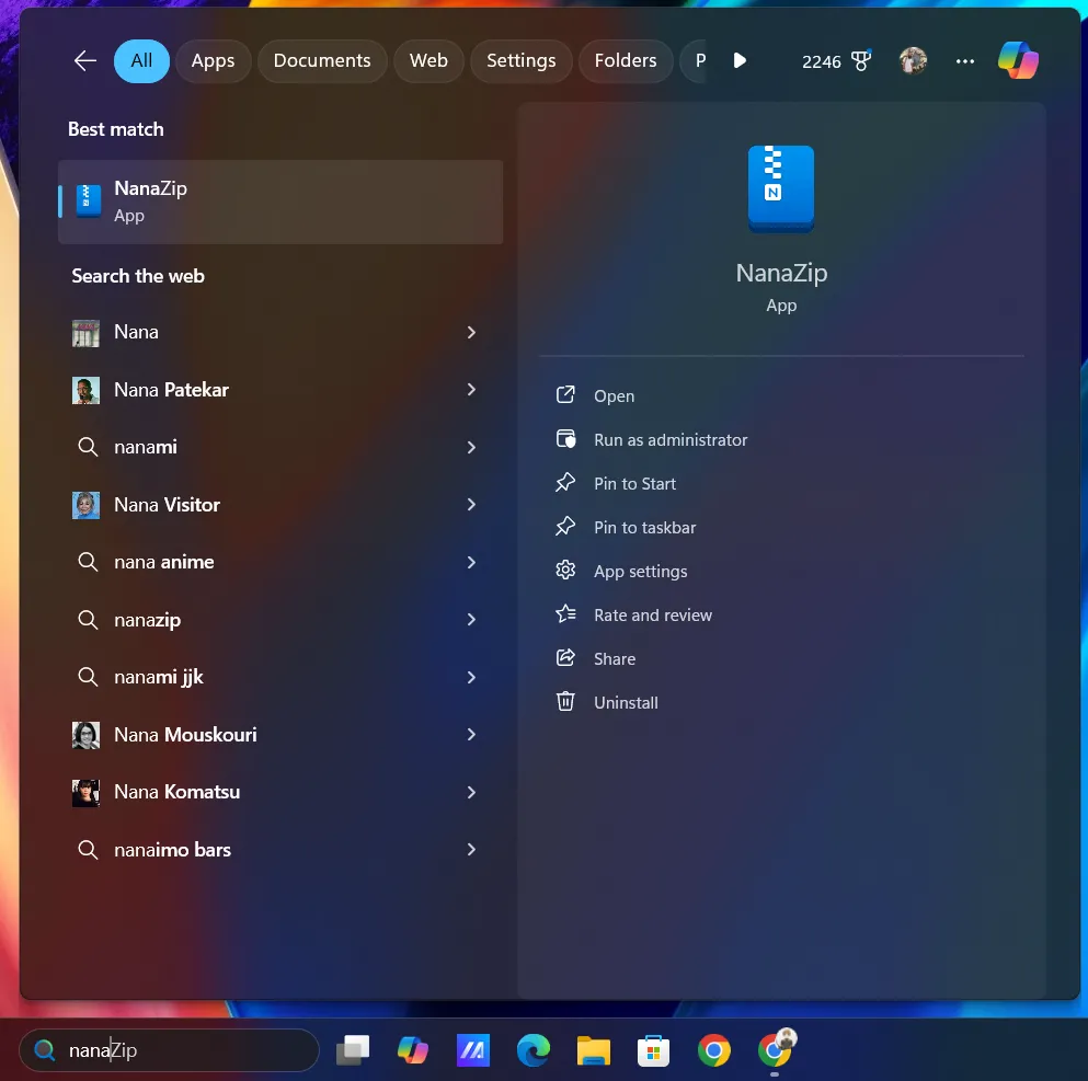 Mở ứng dụng NanaZip nhanh chóng thông qua thanh tìm kiếm trên Taskbar Windows