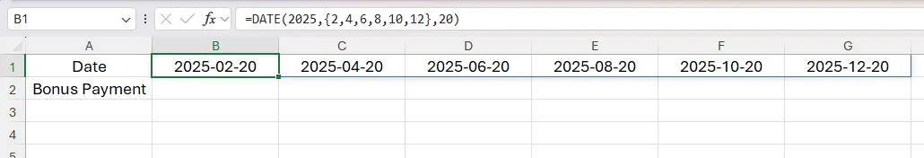 Một công thức mảng động được sử dụng trong ô B1 trong Excel, với dấu ngoặc nhọn và dấu phẩy khiến kết quả tràn qua hàng 1.