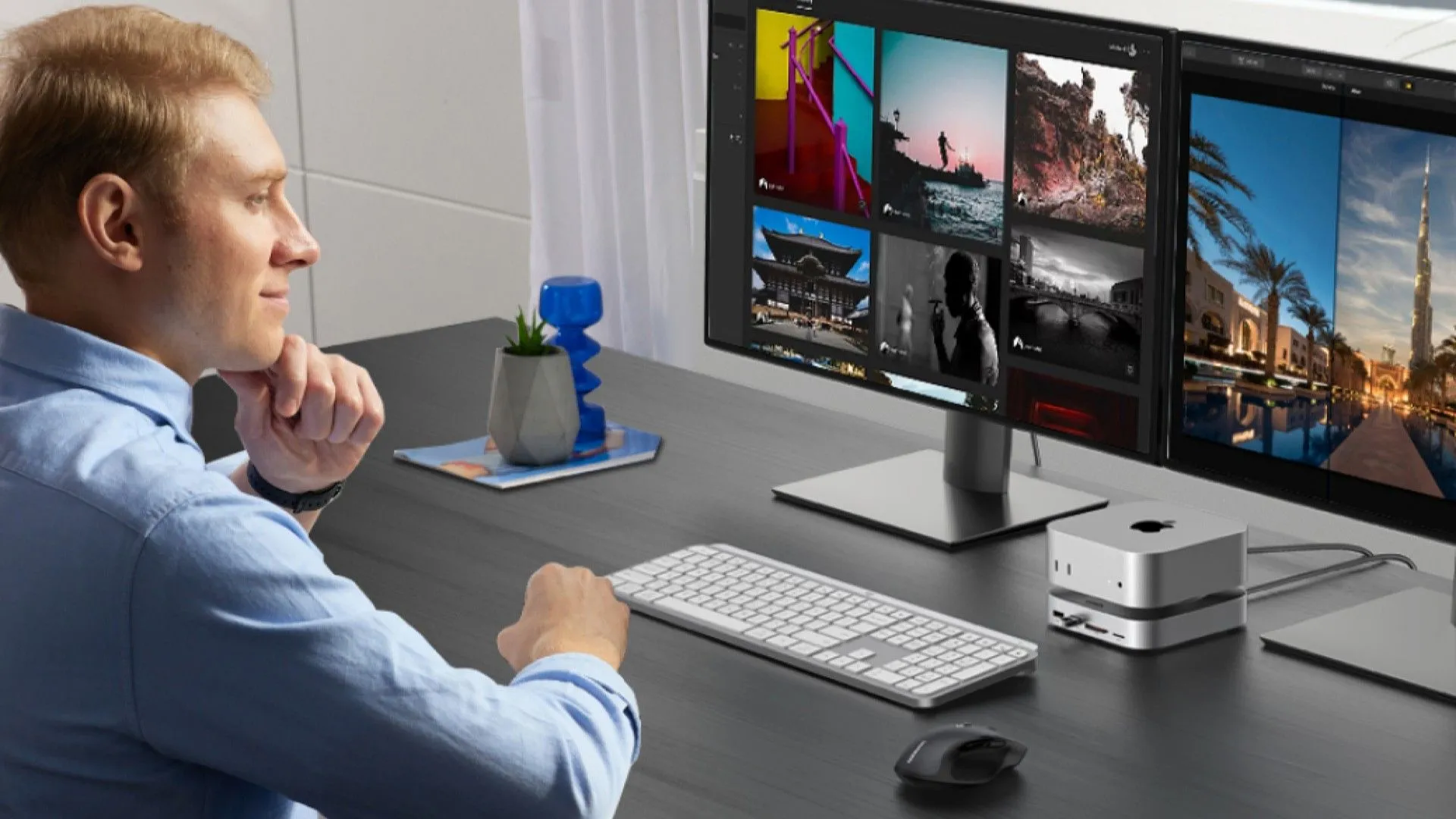 Một người đang sử dụng Apple M4 Mac Mini kết nối với UGREEN M4 Mac Mini Dock.