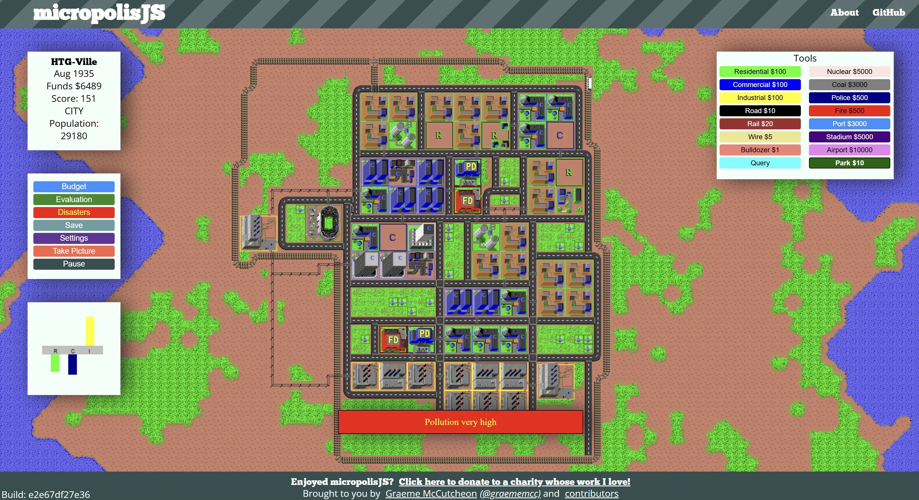 Một thành phố được xây dựng và quản lý trong SimCity phiên bản trình duyệt micropolisJS.