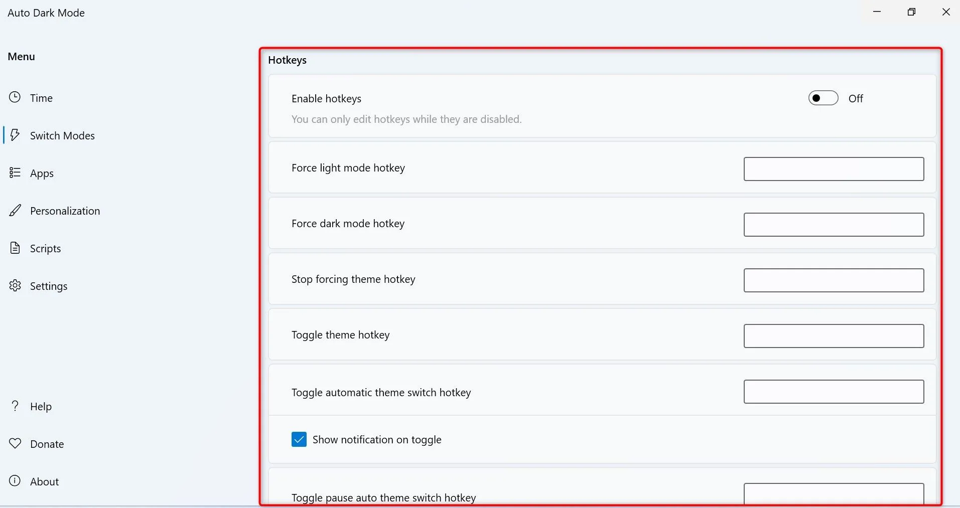 Mục cài đặt &quot;Hotkeys&quot; trong ứng dụng Auto Dark Mode, cho phép người dùng gán phím tắt để chuyển đổi nhanh chế độ sáng tối.