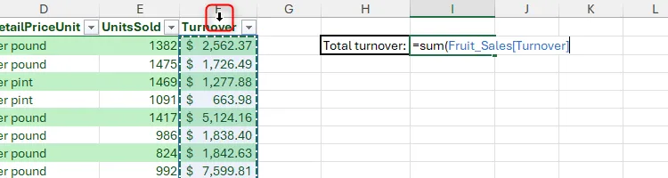Mũi tên xuống trong Excel được nhấp để chọn nội dung của một cột trong bảng được định dạng.
