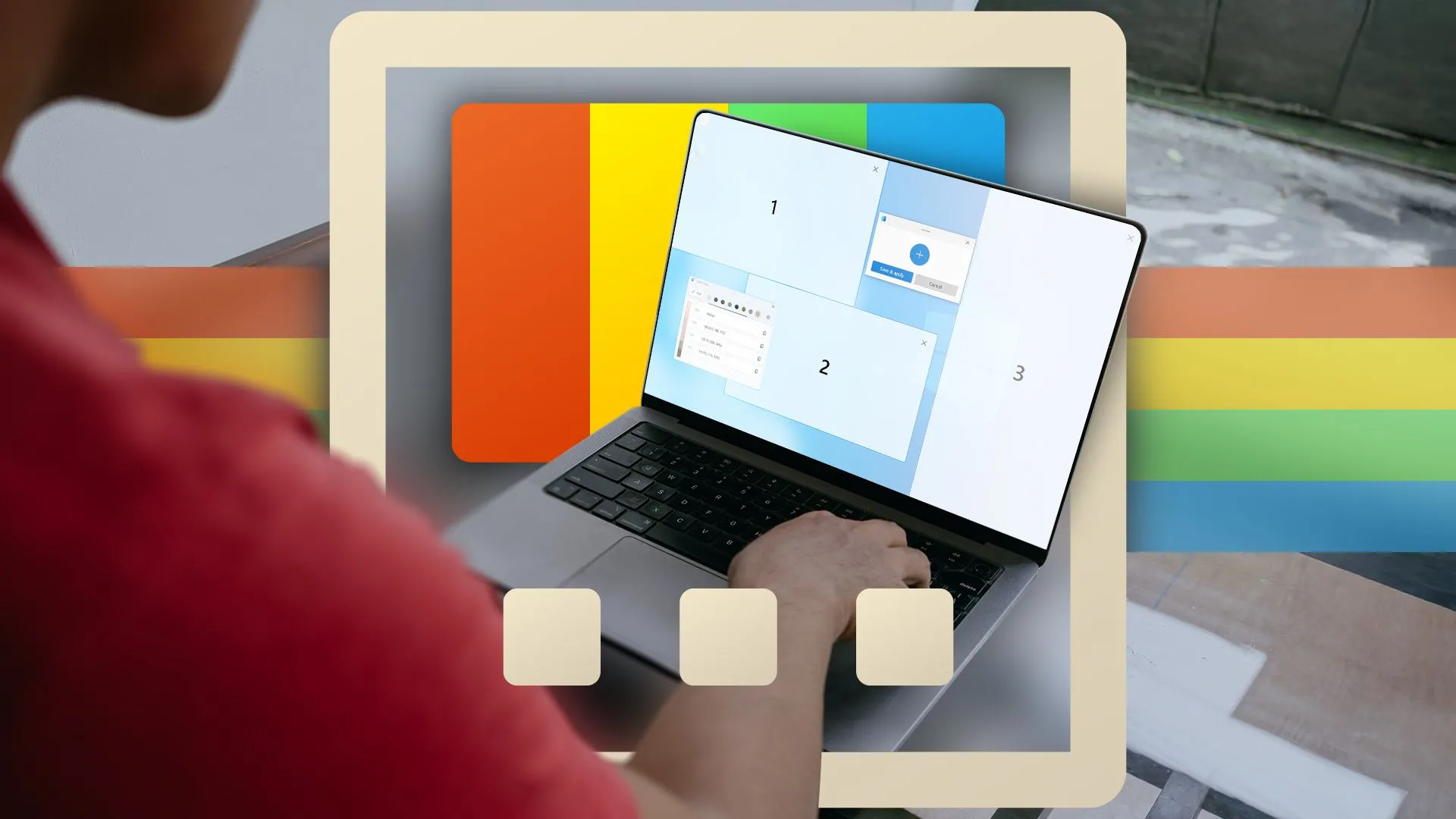 Người dùng đang làm việc trên laptop, với tính năng FancyZones của PowerToys được bật, gợi ý các công cụ tăng cường năng suất