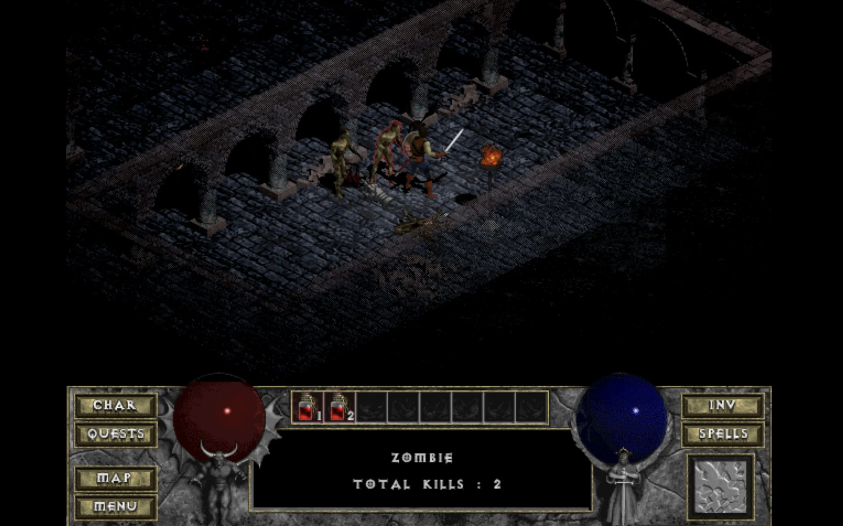 Nhân vật chiến binh chiến đấu với quái vật trong hầm ngục u ám của Diablo trên trình duyệt.