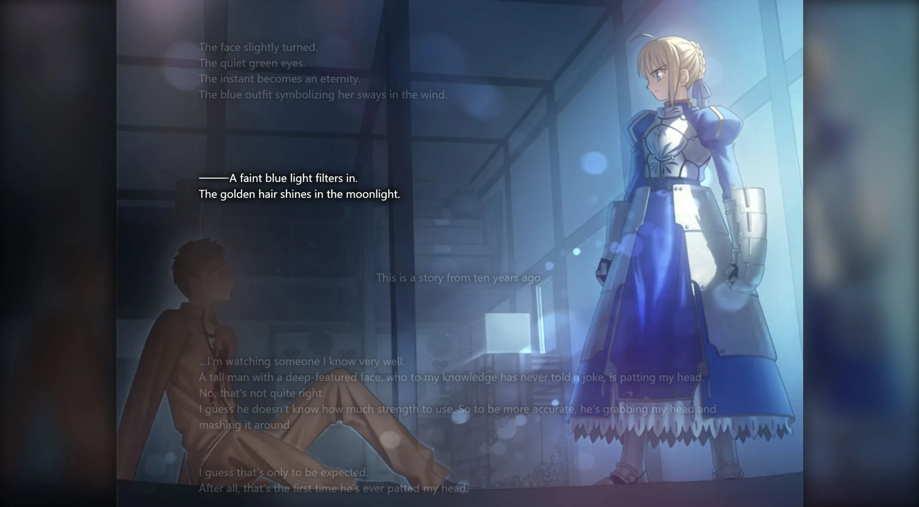 Nhân vật Saber và Shiro Emiya gặp gỡ trong visual novel Fate/Stay Night trên trình duyệt.