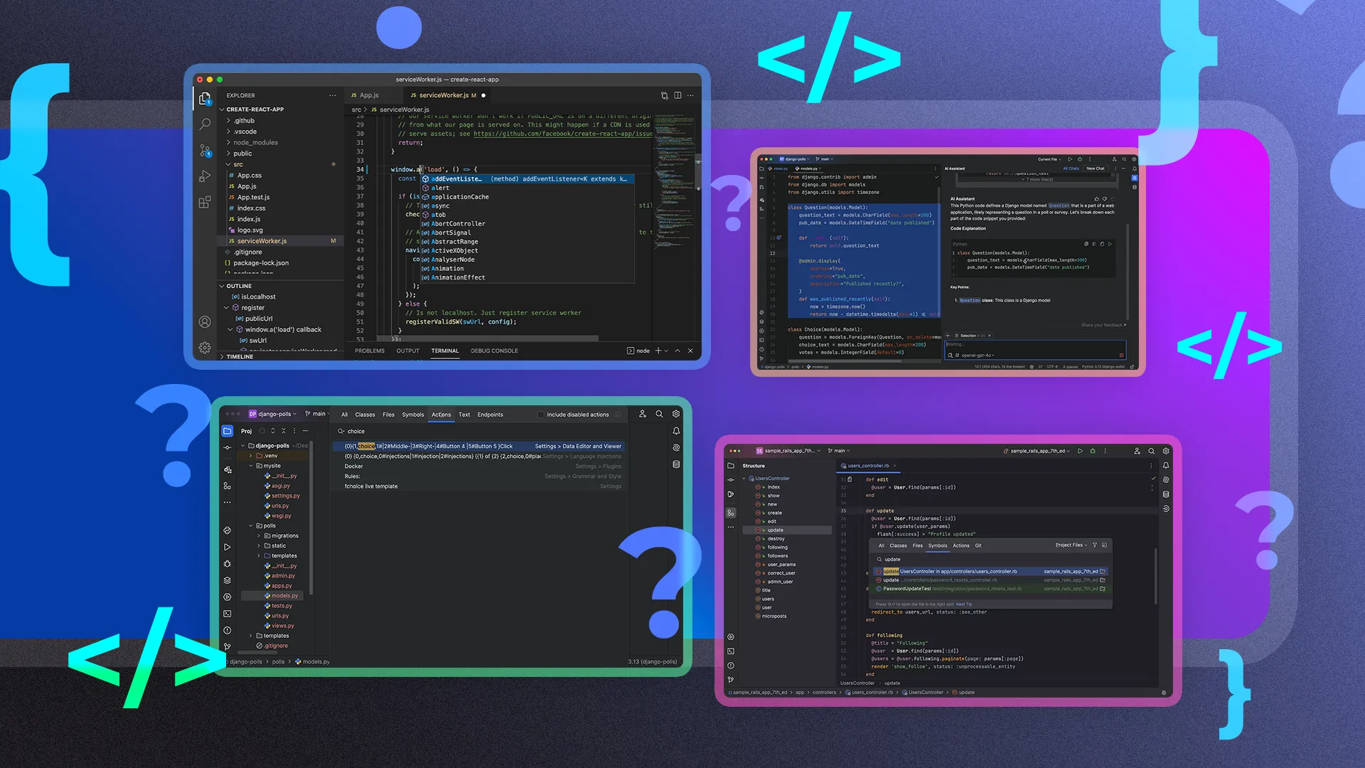 Nhiều môi trường phát triển tích hợp (IDE) khác nhau đặt cạnh nhau, minh họa sự đa dạng và lựa chọn của lập trình viên.