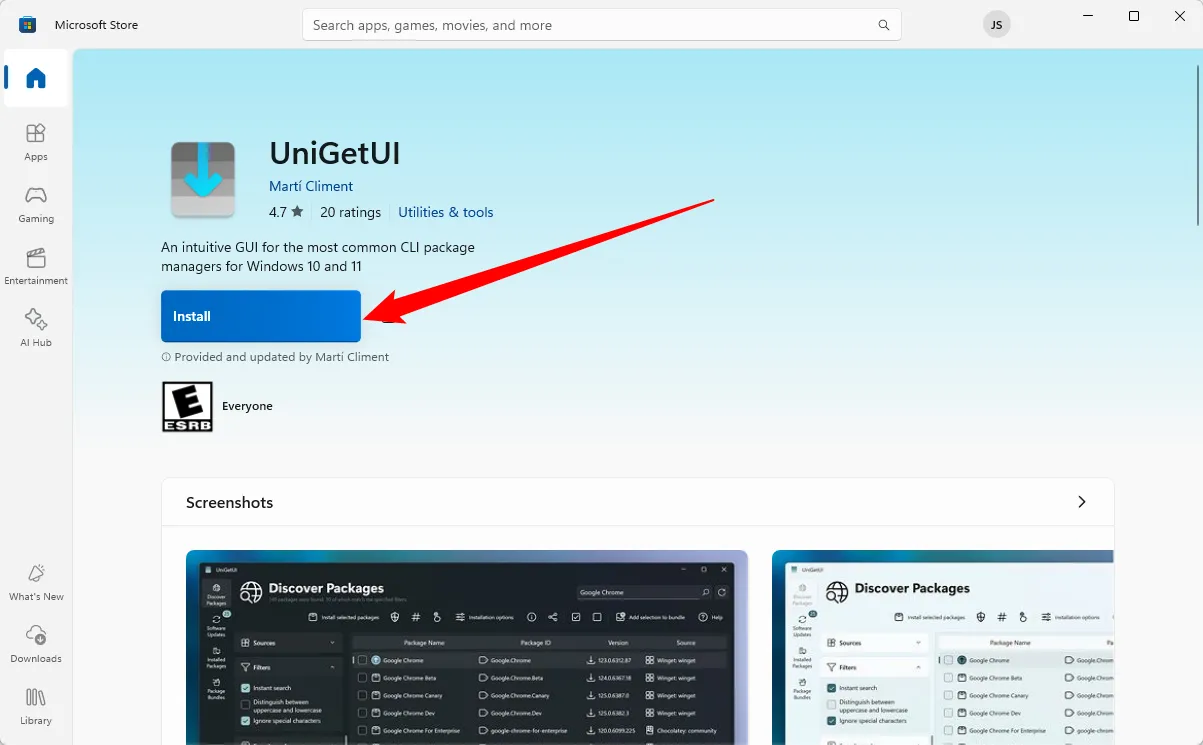 Nút cài đặt UniGetUI trên Microsoft Store đã được nhấn, hiển thị trạng thái "Installed"