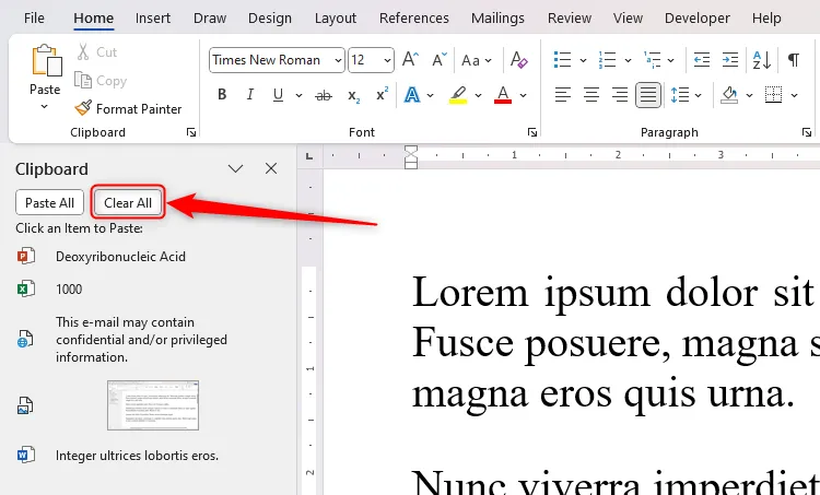 Nút &quot;Clear All&quot; để xóa tất cả mục trong ngăn Clipboard Microsoft Word