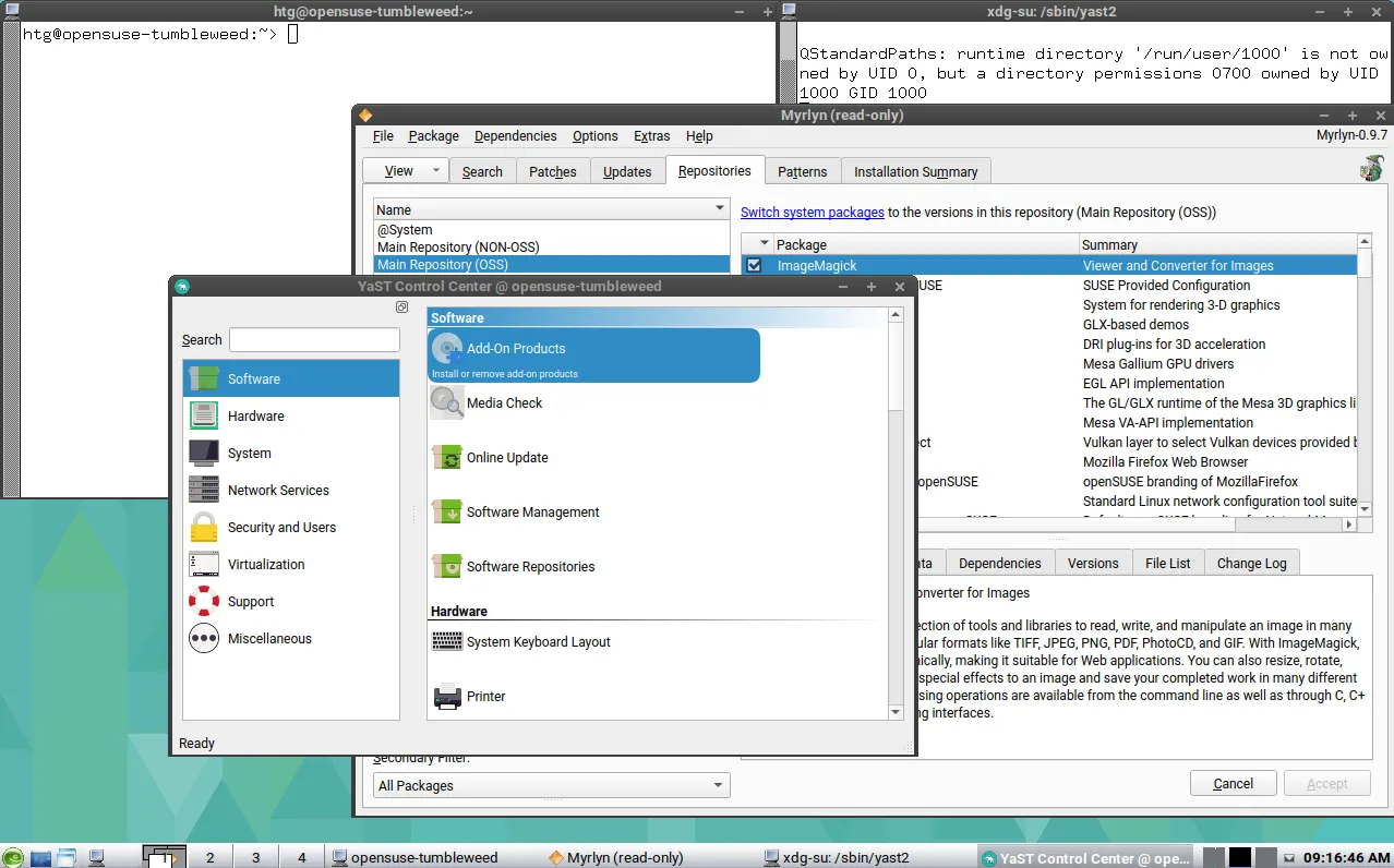 openSUSE với môi trường desktop icewm tối giản và nhiều ứng dụng đang mở