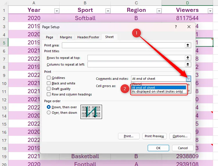 Phần Comments And Notes của tab Sheet trong hộp thoại Page Setup của Excel được đánh dấu