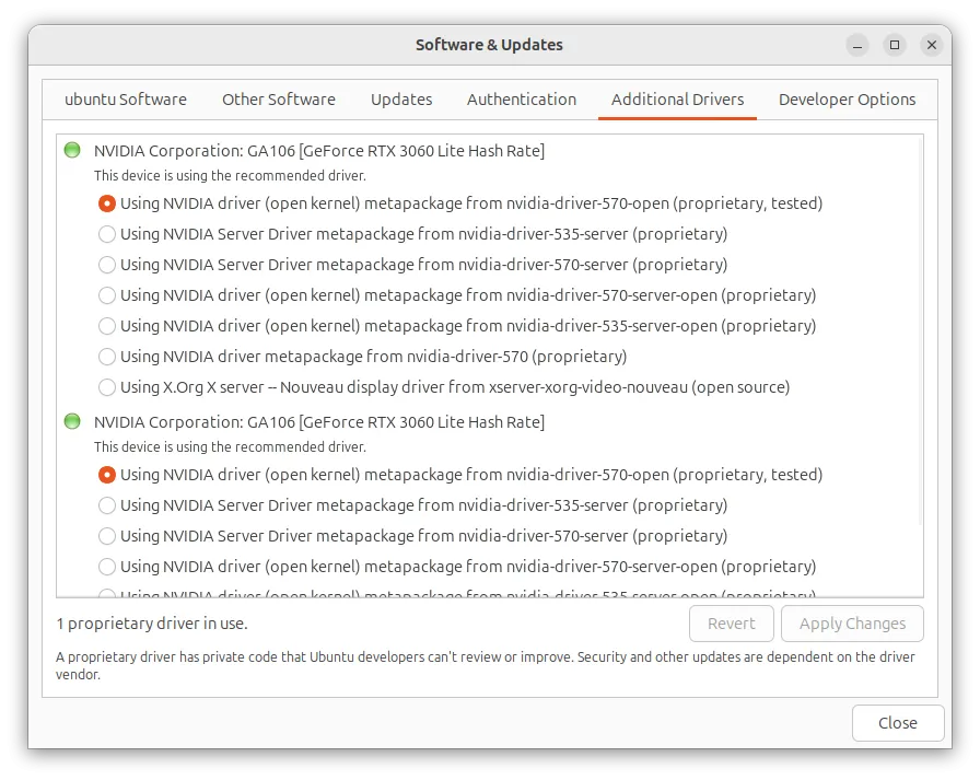 Phần trình điều khiển phần cứng trong Ubuntu Software &amp; Updates, nơi quản lý các driver cho thiết bị.