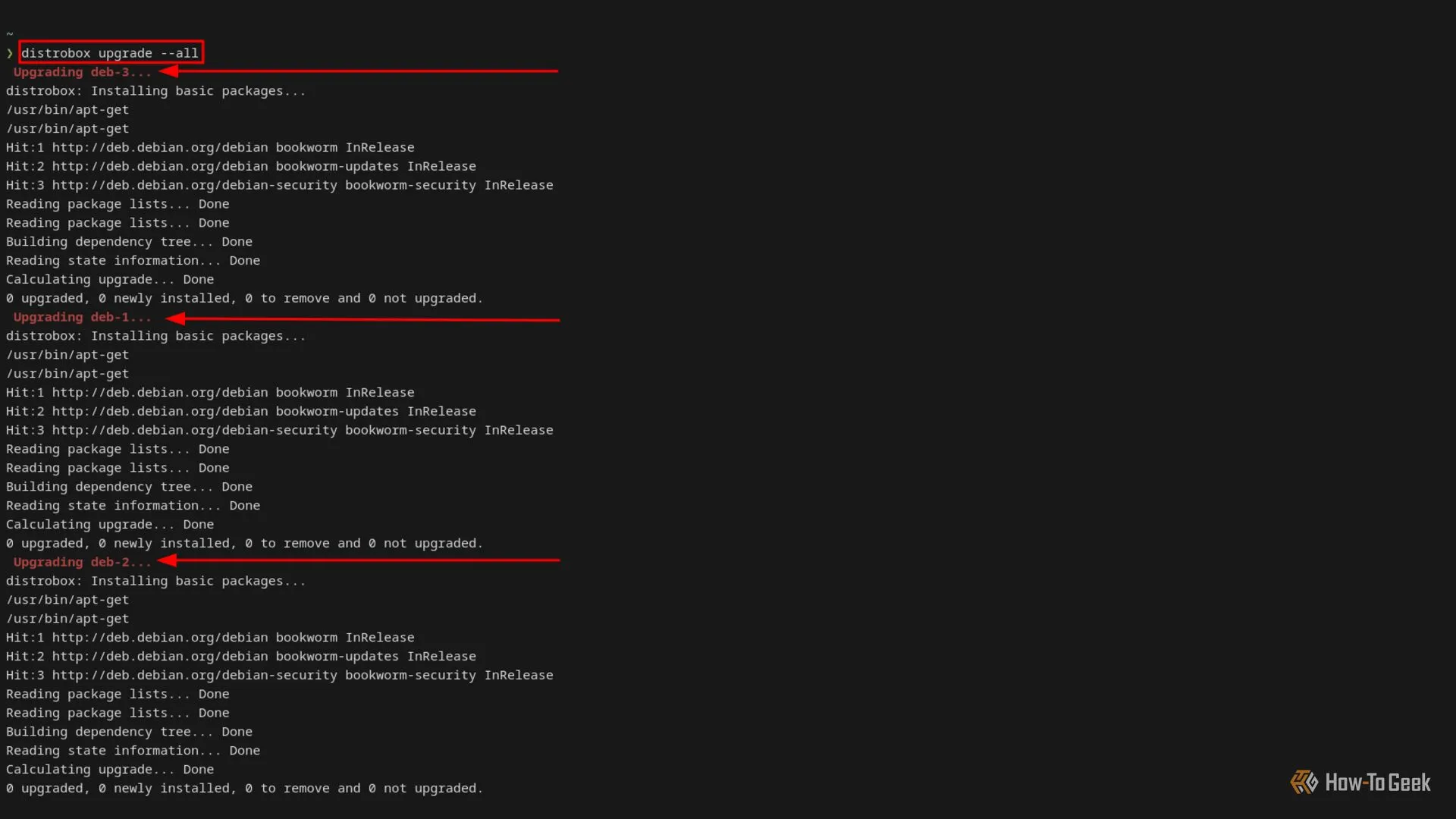 Terminal Linux hiển thị lệnh và quá trình nâng cấp tất cả các container Distrobox.