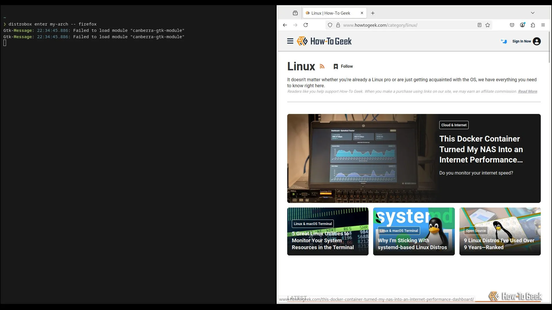 Terminal Linux và trình duyệt Firefox chạy song song, minh họa việc khởi chạy Firefox từ container Distrobox bằng lệnh.