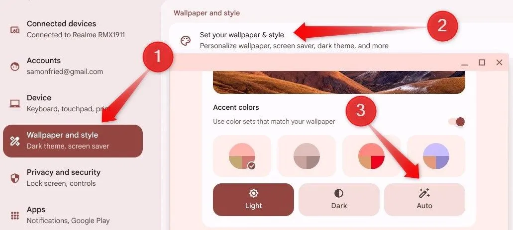Thay đổi chủ đề (sáng/tối) của ChromeOS trong ứng dụng cài đặt.