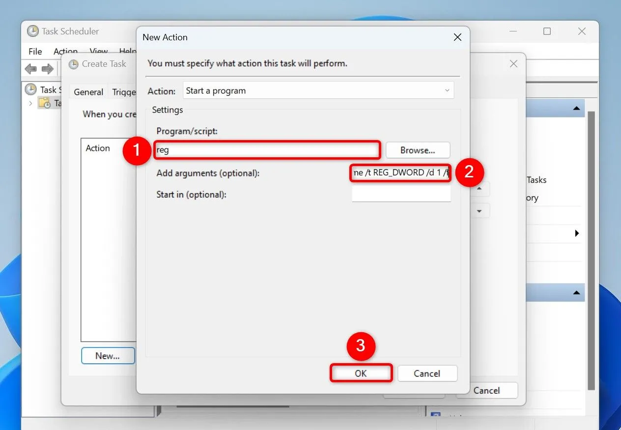 Thiết lập hành động &quot;New Action&quot; trong Task Scheduler với lệnh `reg add` để bật SystemUsesLightTheme trên Windows 11.