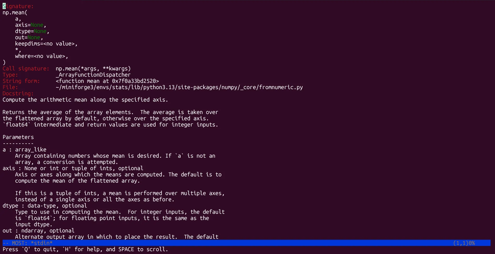 Thông tin trợ giúp về phương thức np.mean trong IPython, hiển thị tài liệu hướng dẫn sử dụng