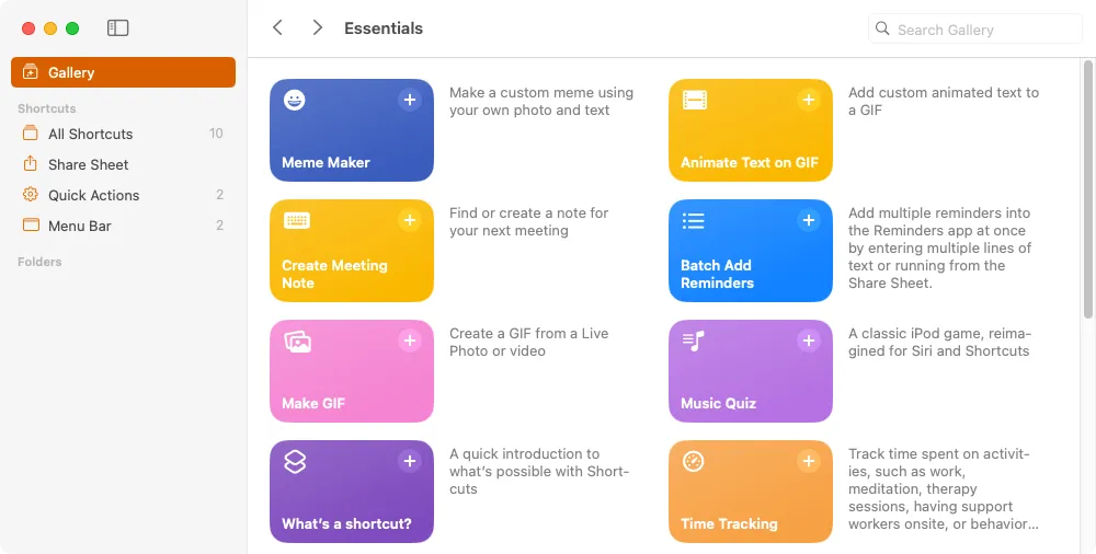 Thư viện phím tắt có sẵn trong ứng dụng Phím tắt (Shortcuts) của macOS, hiển thị các ví dụ như tạo meme và ghi chú cuộc họp.
