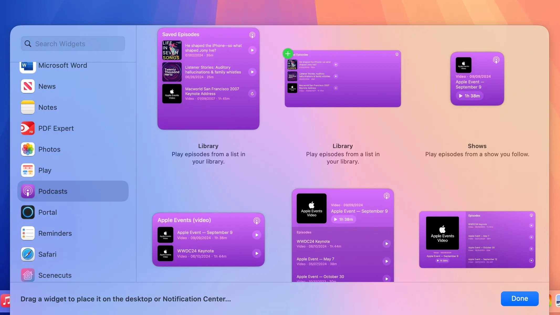 Thư viện widget hiển thị các widget mới của ứng dụng Apple Podcasts trên macOS Sequoia 15.4