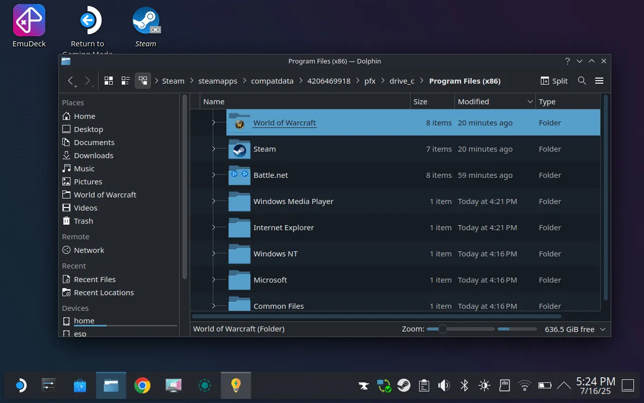 Tìm kiếm thư mục World of Warcraft trong Dolphin File Manager trên Steam Deck
